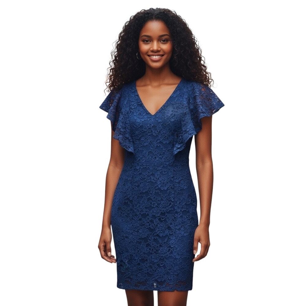 Lauren Ralph Lauren Lace Sheath Mini Dress 10 Navy Blue V-neck Scalloped classic